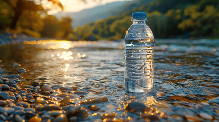 Plastic water bottle river environment - obrazy, fototapety, plakaty