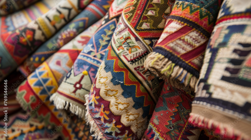 Poster close-up view of handwoven fabrics with detailed ethnic patterns and vivid color combinations