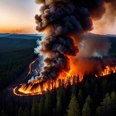 Aerial view of burning forest fire, ecological disaster - 769546631