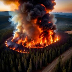 Aerial view of burning forest fire, ecological disaster - 769546635