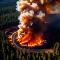 Aerial view of burning forest fire, ecological disaster - 769546637