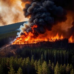 Aerial view of burning forest fire, ecological disaster - 769546639