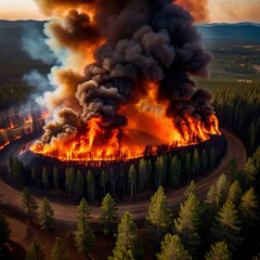 Aerial view of burning forest fire, ecological disaster - 769546655
