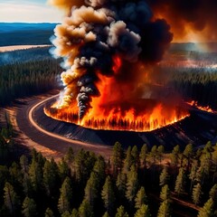 Aerial view of burning forest fire, ecological disaster - 769546657