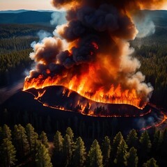 Aerial view of burning forest fire, ecological disaster - 769546687