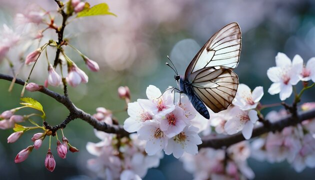 Springtime beauty captured in a macro photo of a butterfly on cherry blossoms.