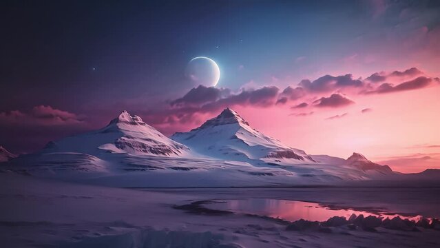 A majestic snow-capped mountain stands under a glowing crescent moon amidst a twilight sky with hues of pink and blue