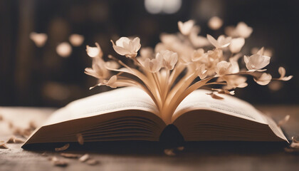 A hyperrealistic close-up of an open book. The pages are made of delicate flower petals, and the words glow with an ethereal light. - obrazy, fototapety, plakaty