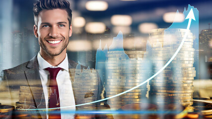 Double exposure of stock market graph and businessman with step of coin. financial stock exchange marketing concept.	