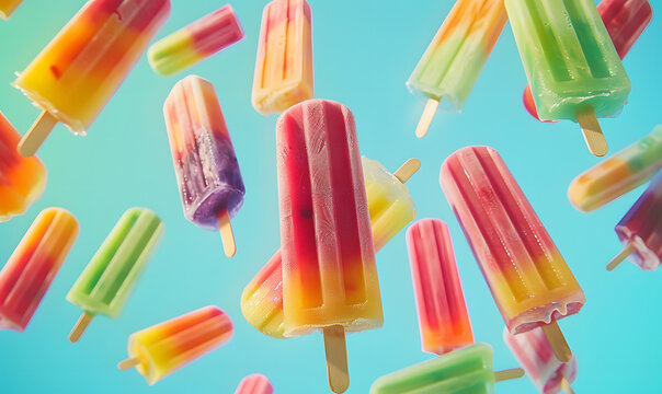 Popsicles flying in the air a colorful background , Generative AI 