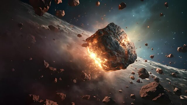 Meteor glowing as it enters the Earth's atmosphere. Planet Earth and big asteroid in the space. Potentially hazardous asteroids. Asteroid in outer space near earth planet	