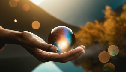 Crystal ball held by man, gazing into faint clouds with a lake in the background, symbolic of divination or fortune telling. - obrazy, fototapety, plakaty