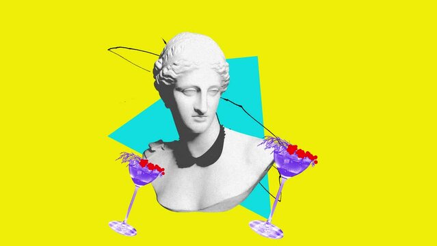 Female antique statue bust and sweet and sour drink, cocktail over bright yellow background. Celebration. Stop motion, animation. Party, surrealism, alcohol drinks. Pop art. Noise, grainy effect