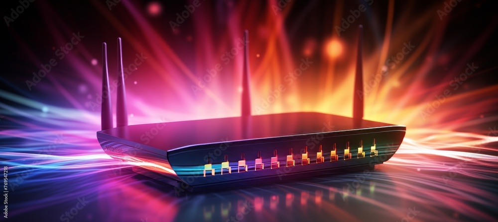 Poster high tech router hologram for secure home networks and online communication on blurred background