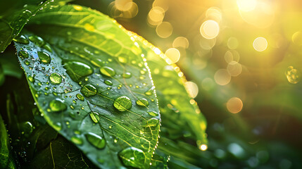 Large beautiful drops of transparent rain water on a green leaf macro. Drops of dew in the morning glow in the sun. Beautiful leaf texture in nature. Natural background. Generative Ai - obrazy, fototapety, plakaty