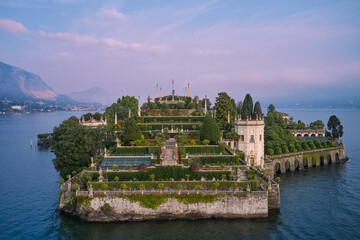 Isola Bella and Stresa town aerial panoramic view. Isola Bella is one of the Borromean Islands of Lake Maggiore in north Italy. Lake Maggiore, island, Isola Bella, Italy.