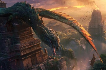 A giant feathered serpent circling and leaping through ancient ruins at dusk - obrazy, fototapety, plakaty