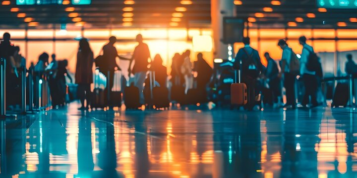 Crowded airport terminal with passengers waiting in line to check in showcasing the hustle and bustle of travel. Concept Travel, Airport, Passenger, Check-in, Crowded