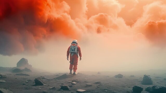 Rear view of an astronaut wearing a space suit walking on the surface of the red planet. First manned mission to Mars, space exploration colonization. Mars exploration