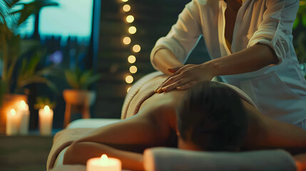 Professional massage therapy with candles at night. Wellness and relaxation concept. Design for spa and holistic health services with ambient lighting - obrazy, fototapety, plakaty