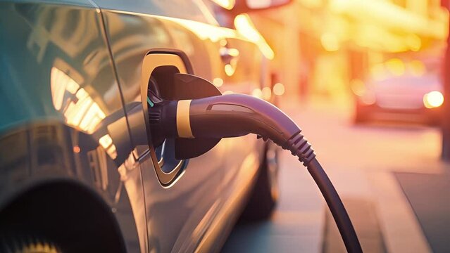 Modern electric plug-in hybrid car parked near fast charger charging station. Electric vehicle using sustainable source. Electric car charging at the power station. Ev car concept