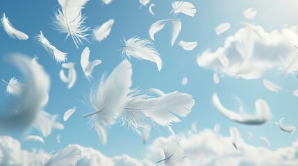 Fototapeta na wymiar A serene and ethereal image capturing the gentle descent of white bird feathers against a clear sky