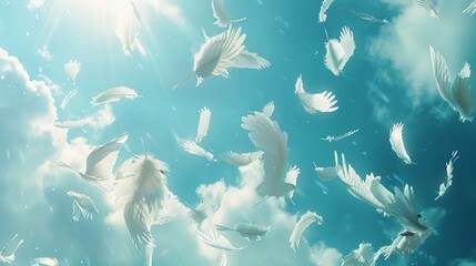 A serene and ethereal image capturing the gentle descent of white bird feathers against a clear sky - obrazy, fototapety, plakaty