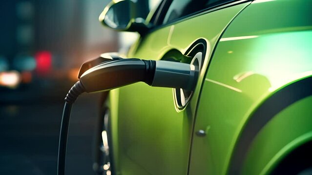 Modern electric plug-in hybrid car parked near fast charger charging station. Electric vehicle using sustainable source. Electric car charging at the power station. Ev car concept