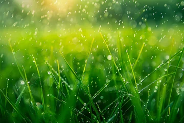 Foto op Plexiglas Lush green blades of grass covered in sparkling raindrops, with a blurred background © Lidok_L