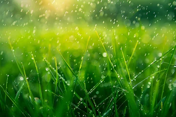 Gordijnen Lush green blades of grass covered in sparkling raindrops, with a blurred background © Lidok_L