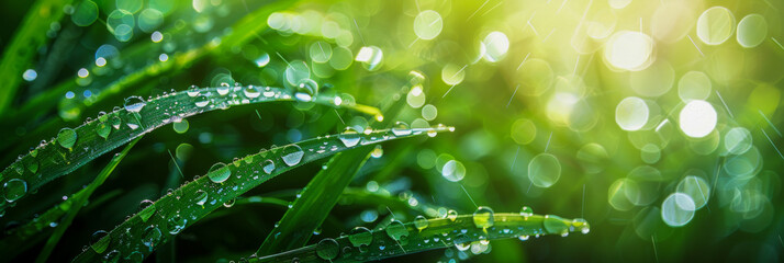 Close-up of vibrant green grass blades covered in sparkling dewdrops, with a bokeh effect highlighting the morning freshness - obrazy, fototapety, plakaty