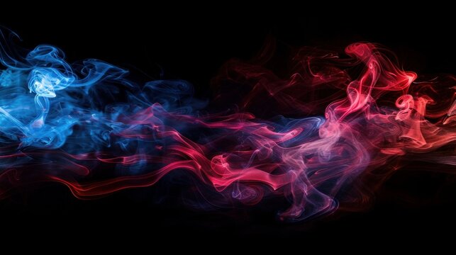 Mysterious artificial smoke swirling in vibrant red and blue lights against a dark, black background