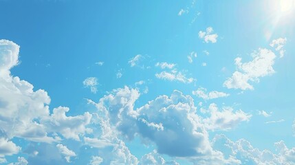 A classic depiction of a clear blue sky dotted with fluffy, white clouds