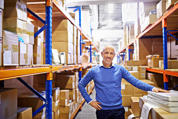 Portrait, boxes or man in printing factory for delivery order, storage or stock in warehouse or...