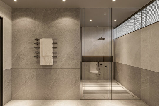 Tiles white and gray wall design Toilet, room modern style. 3D illustration rendering