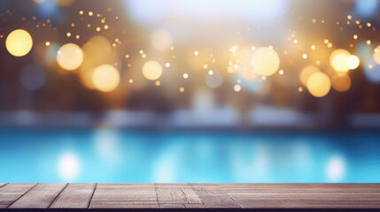 Wooden table pool bokeh background, empty wood desk product display mockup with blurry tropical hotel resort abstract poolside summer travel backdrop advertising presentation. Mock up, copy space . - obrazy, fototapety, plakaty