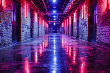 An atmospheric corridor with brick walls and vibrant neon lights creating a dramatic and stylish urban ambiance - obrazy, fototapety, plakaty