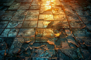 Photo of a weathered tiled floor with cracks and scattered debris illuminated by warm sunlight