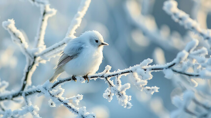 Little cute fluffy white bird in hoarfrost on a branch under the snow in the Christmas park. Generative Ai
