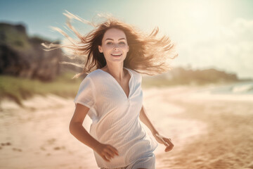 Fototapeta na wymiar Careless young woman enjoying beach getaway, Caucasian, sunlit hair and fresh natural palette