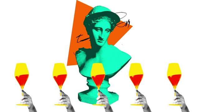 Antique statue bust in cap and hand with popular alcohol cocktail over white background. Stop motion, animation. Concept of party, surrealism, alcohol drinks. Pop art. Noise, grainy effect