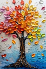 Colorful 3d tree mural with vibrant leaves and branches, elegant abstraction for interior wallpaper