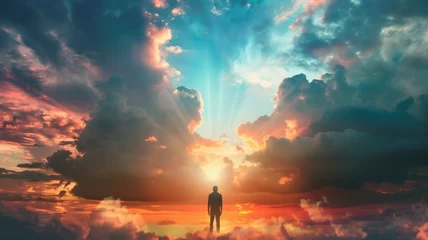 Foto op Plexiglas Silhouette of alone person looking at heaven. Lonely man standing in fantasy landscape made with AI © Pavithiran