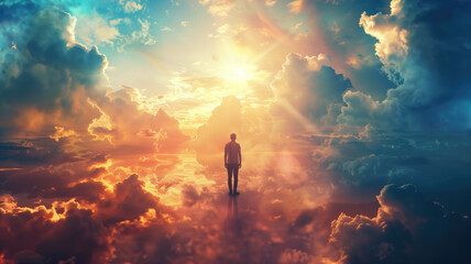 Silhouette of alone person looking at heaven. Lonely man standing in fantasy landscape made with AI - obrazy, fototapety, plakaty
