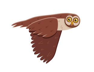 Cute funny owl with tilted leaned head in flight. Vector illustration of cartoon forest night birds. - 769549461