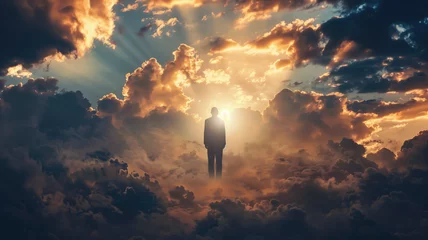 Foto op Plexiglas Silhouette of alone person looking at heaven. Lonely man standing in fantasy landscape made with AI © Pavithiran