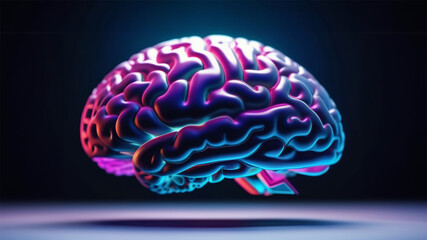 Bright blue purple human brain side view illustration isolated on dark background. Isolated closeup