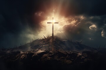 Cross on a hill symbolising death of Jesus Christ against sunset sky. With God rays in background. Ai Generative