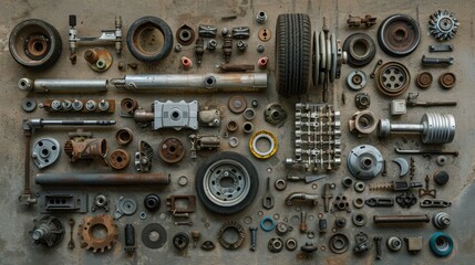 A collection of various car parts displayed