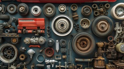 A collection of various car parts displayed - obrazy, fototapety, plakaty